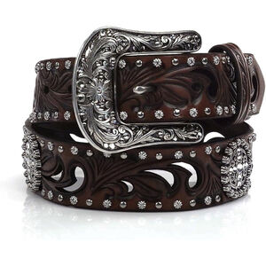 Ariat Women's Brown Leather Concho Belt 1.5" Floral Buckle Rhinestone Studs NWOT